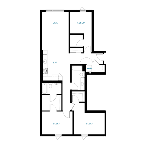 Floor plan for 3 beds, 2 baths, 1404 sqft